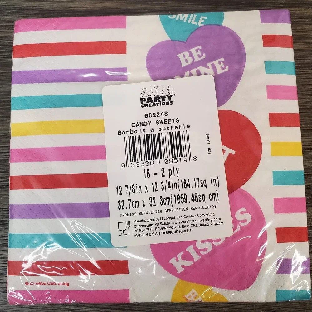 Valentine's Day Conversation Hearts Striped Paper Party Napkins - 2 Packs 18 Ct.